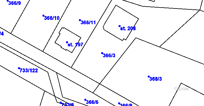 Parcela st. 366/3 v KÚ Tutleky, Katastrální mapa