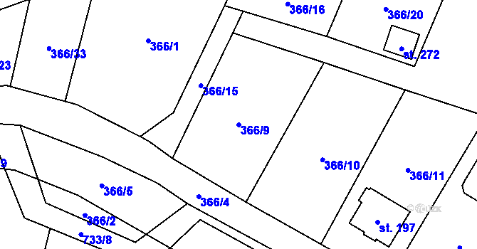 Parcela st. 366/9 v KÚ Tutleky, Katastrální mapa
