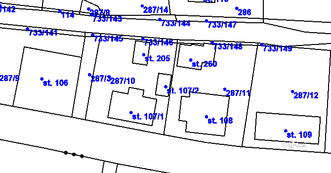 Parcela st. 107/2 v KÚ Tutleky, Katastrální mapa