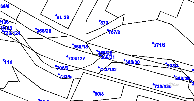 Parcela st. 366/28 v KÚ Tutleky, Katastrální mapa
