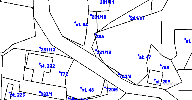 Parcela st. 281/19 v KÚ Tutleky, Katastrální mapa