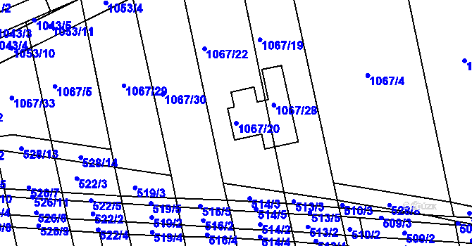 Parcela st. 1067/20 v KÚ Tvarožná, Katastrální mapa