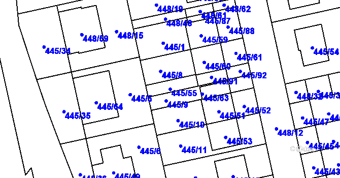 Parcela st. 445/55 v KÚ Tvarožná, Katastrální mapa