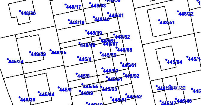 Parcela st. 445/59 v KÚ Tvarožná, Katastrální mapa