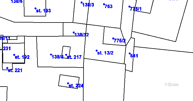 Parcela st. 13/2 v KÚ Tvrdkov, Katastrální mapa