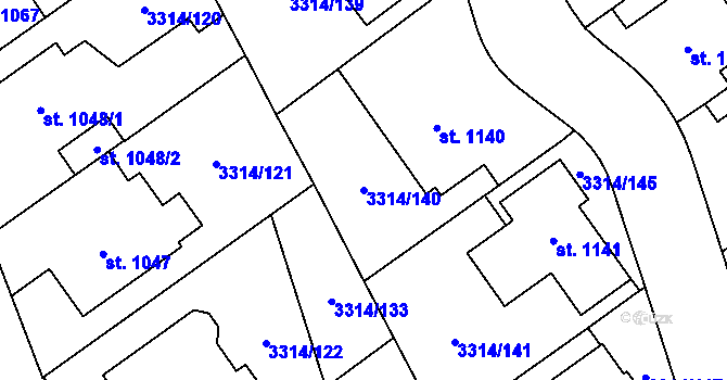 Parcela st. 3314/140 v KÚ Tvrdonice, Katastrální mapa