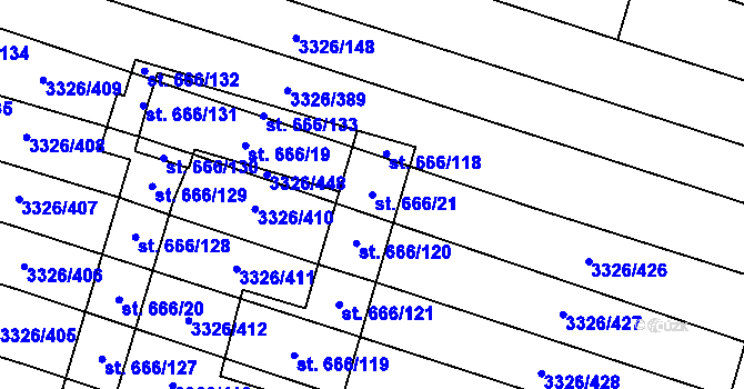 Parcela st. 666/21 v KÚ Tvrdonice, Katastrální mapa