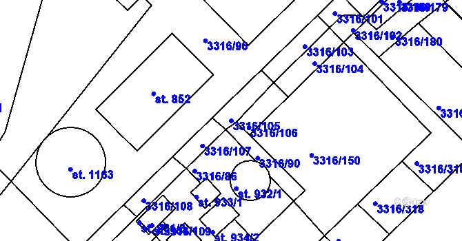 Parcela st. 3316/105 v KÚ Tvrdonice, Katastrální mapa