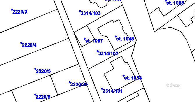 Parcela st. 3314/102 v KÚ Tvrdonice, Katastrální mapa