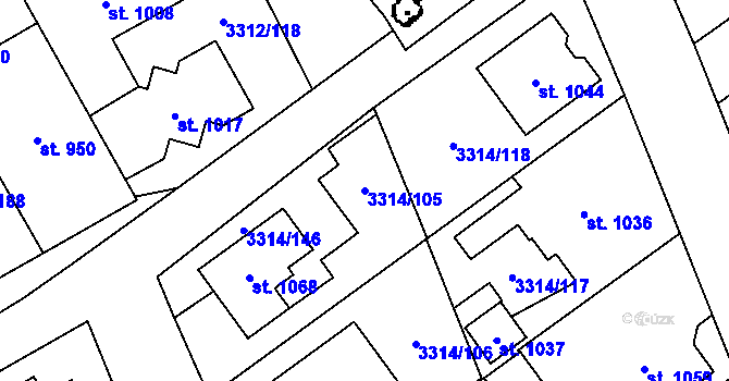 Parcela st. 3314/105 v KÚ Tvrdonice, Katastrální mapa