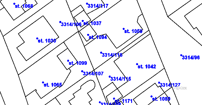 Parcela st. 3314/116 v KÚ Tvrdonice, Katastrální mapa