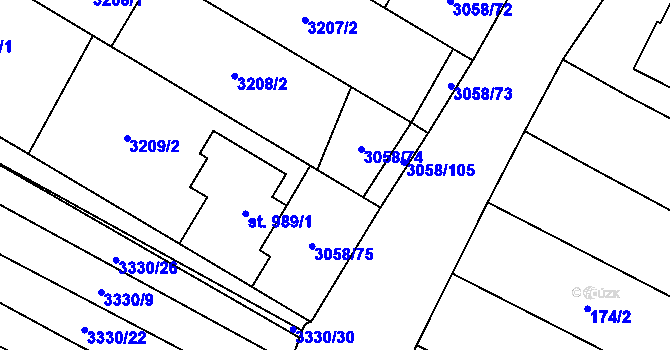 Parcela st. 3058/104 v KÚ Tvrdonice, Katastrální mapa