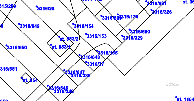 Parcela st. 3316/155 v KÚ Tvrdonice, Katastrální mapa