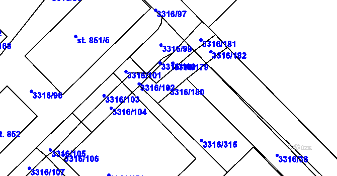 Parcela st. 3316/180 v KÚ Tvrdonice, Katastrální mapa