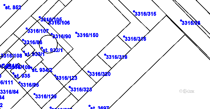 Parcela st. 3316/318 v KÚ Tvrdonice, Katastrální mapa