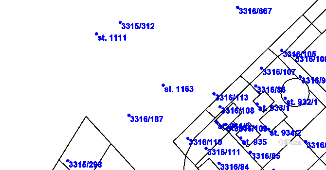 Parcela st. 1163 v KÚ Tvrdonice, Katastrální mapa