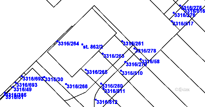 Parcela st. 3316/263 v KÚ Tvrdonice, Katastrální mapa