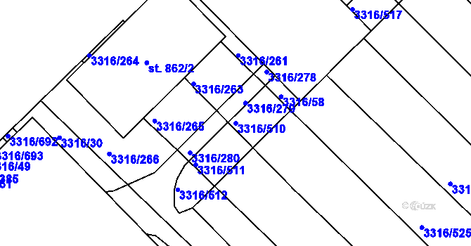 Parcela st. 3316/510 v KÚ Tvrdonice, Katastrální mapa