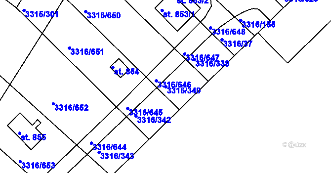 Parcela st. 3316/340 v KÚ Tvrdonice, Katastrální mapa