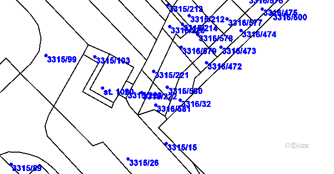 Parcela st. 3316/580 v KÚ Tvrdonice, Katastrální mapa