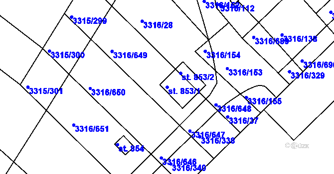 Parcela st. 853/1 v KÚ Tvrdonice, Katastrální mapa