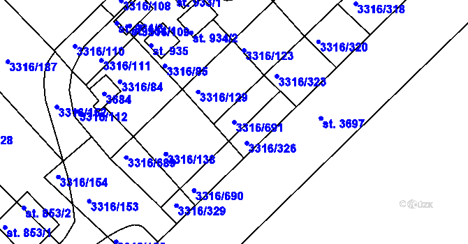Parcela st. 3316/691 v KÚ Tvrdonice, Katastrální mapa