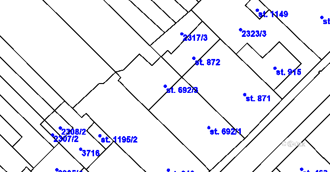 Parcela st. 692/3 v KÚ Tvrdonice, Katastrální mapa