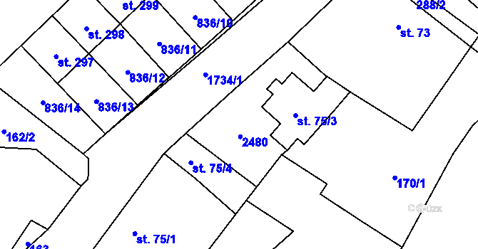 Parcela st. 75/2 v KÚ Tymákov, Katastrální mapa