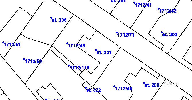 Parcela st. 231 v KÚ Tymákov, Katastrální mapa