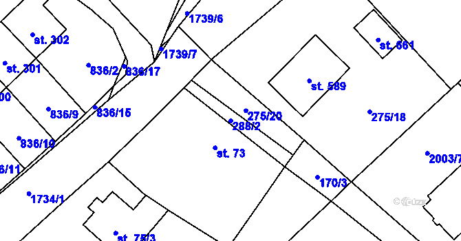 Parcela st. 288/2 v KÚ Tymákov, Katastrální mapa