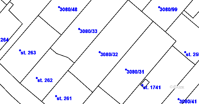Parcela st. 3080/32 v KÚ Týnec nad Sázavou, Katastrální mapa