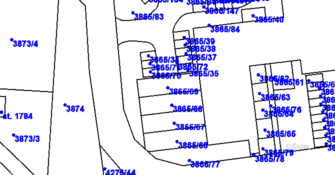 Parcela st. 3865/69 v KÚ Týnec nad Sázavou, Katastrální mapa