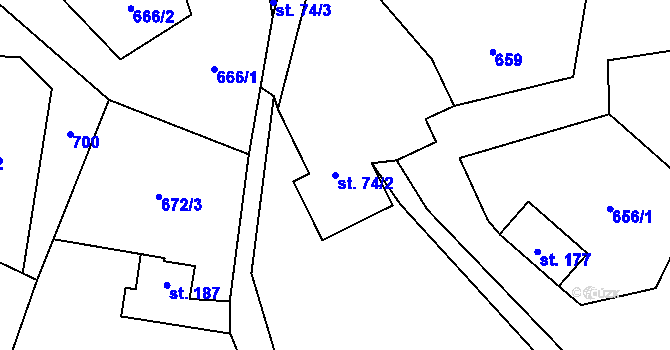 Parcela st. 74/2 v KÚ Tyra, Katastrální mapa