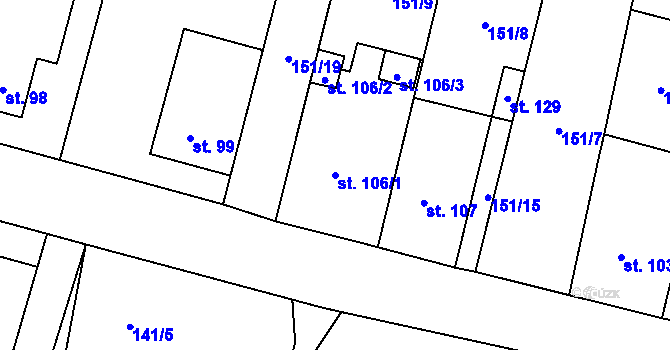 Parcela st. 106/1 v KÚ Nezabylice, Katastrální mapa