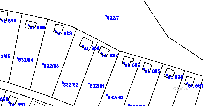 Parcela st. 687 v KÚ Údlice, Katastrální mapa