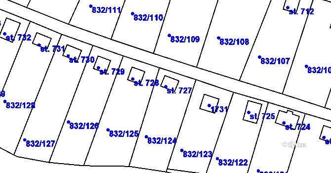 Parcela st. 727 v KÚ Údlice, Katastrální mapa