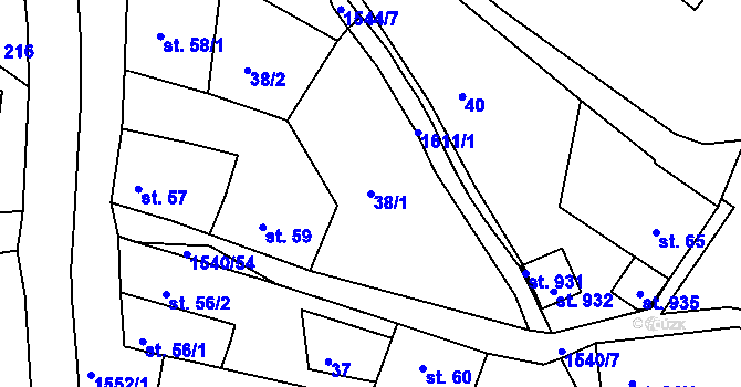 Parcela st. 38/1 v KÚ Údlice, Katastrální mapa