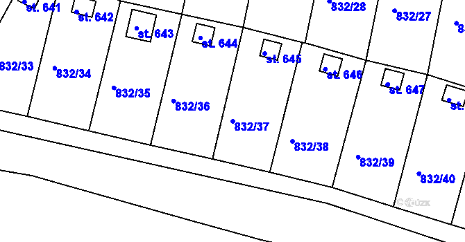 Parcela st. 832/37 v KÚ Údlice, Katastrální mapa