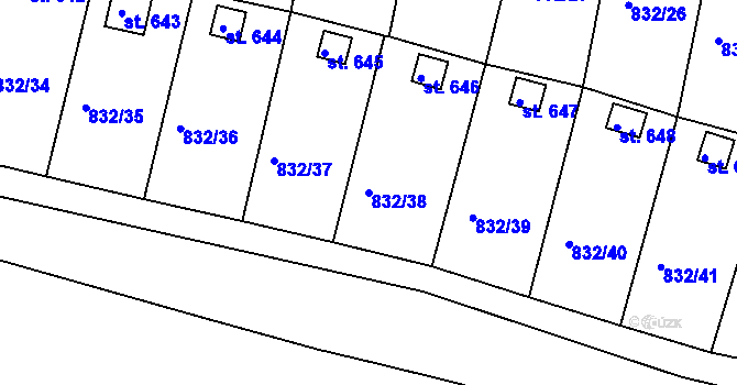 Parcela st. 832/38 v KÚ Údlice, Katastrální mapa