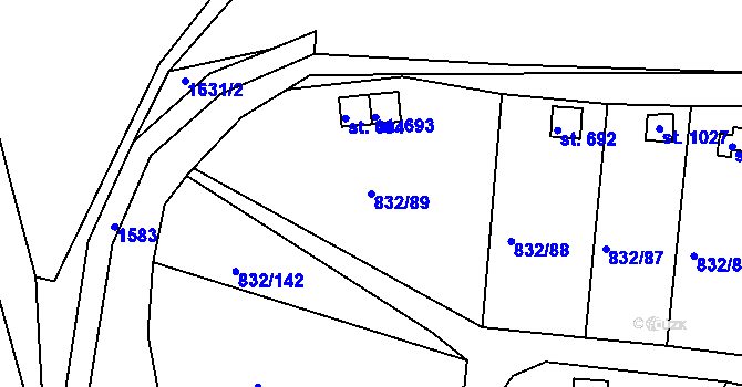 Parcela st. 832/89 v KÚ Údlice, Katastrální mapa