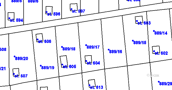 Parcela st. 889/17 v KÚ Údlice, Katastrální mapa