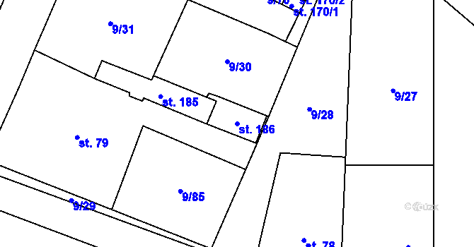 Parcela st. 186 v KÚ Uherčice u Znojma, Katastrální mapa