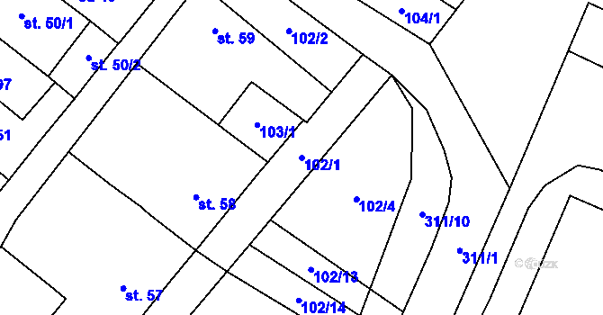 Parcela st. 102/1 v KÚ Uherčice u Znojma, Katastrální mapa