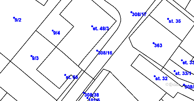 Parcela st. 308/16 v KÚ Uherčice u Znojma, Katastrální mapa