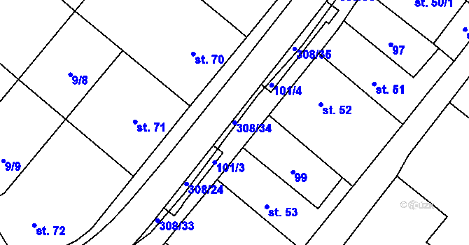 Parcela st. 308/34 v KÚ Uherčice u Znojma, Katastrální mapa
