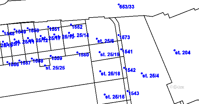 Parcela st. 25/19 v KÚ Uherské Hradiště, Katastrální mapa