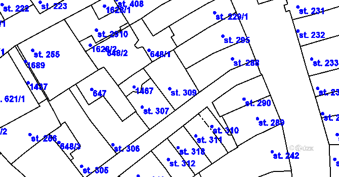 Parcela st. 309 v KÚ Uherské Hradiště, Katastrální mapa