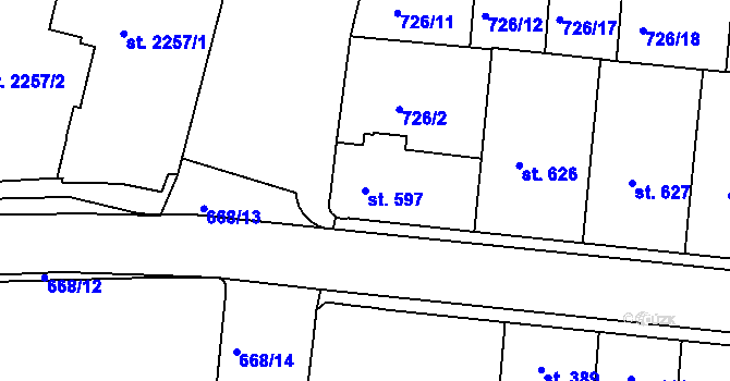 Parcela st. 597 v KÚ Uherské Hradiště, Katastrální mapa