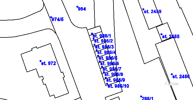 Parcela st. 986/4 v KÚ Uherské Hradiště, Katastrální mapa