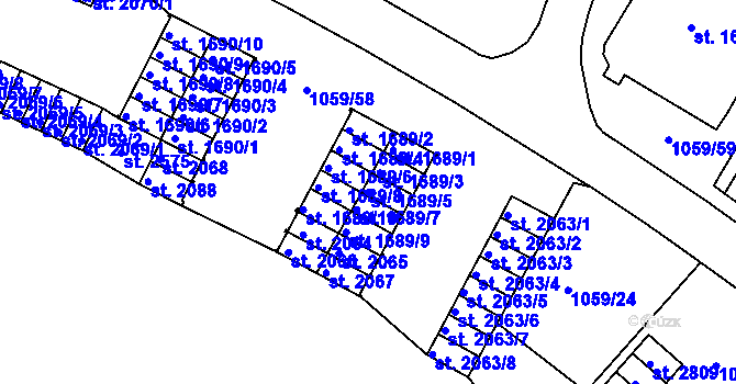 Parcela st. 1689/5 v KÚ Uherské Hradiště, Katastrální mapa